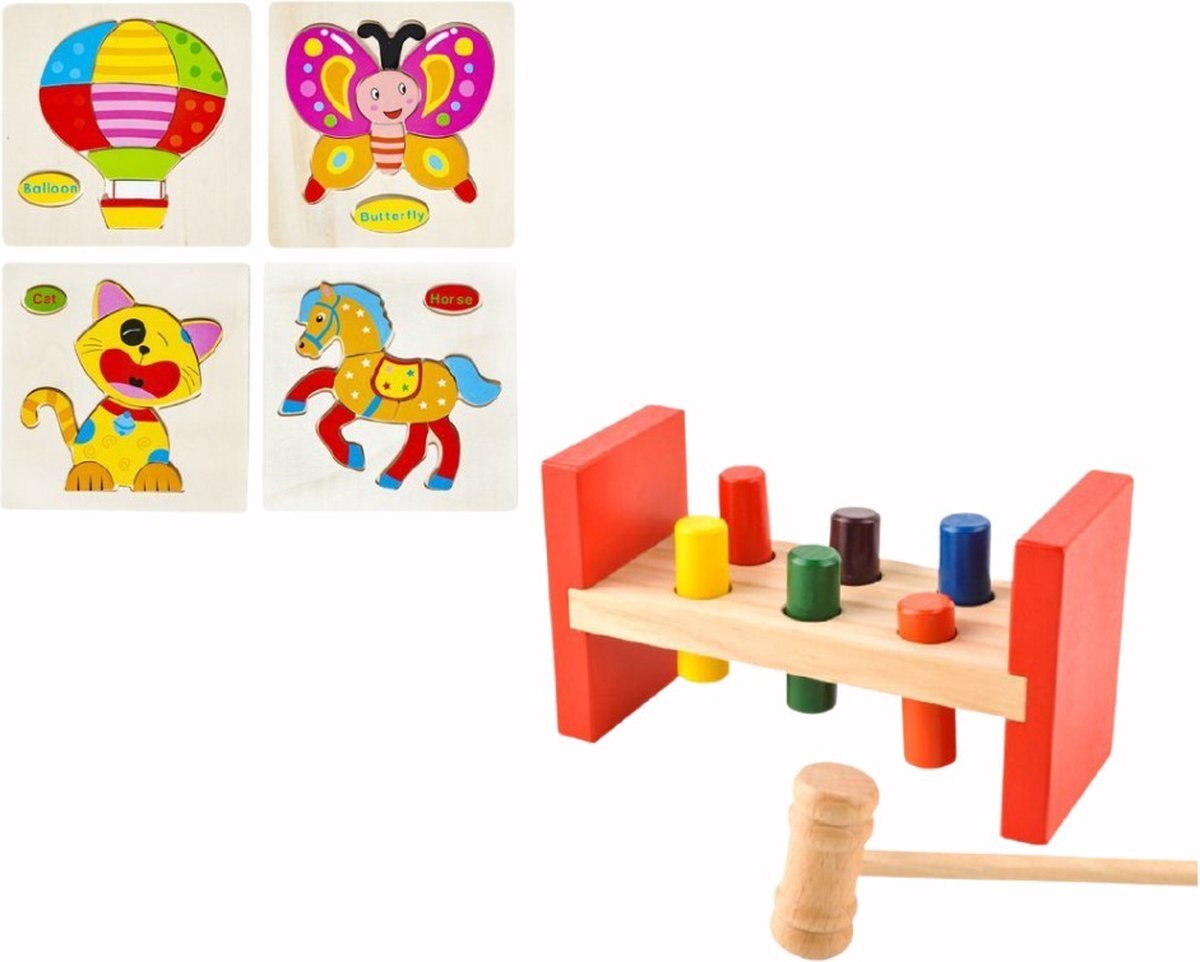 Iso trade Montessori Educatief Houten Speelgoed - Hamerbank - Vormenstoof - Hamertje Tik & 4 Houten Puzzels - Peuter Kleuter Speelgoed