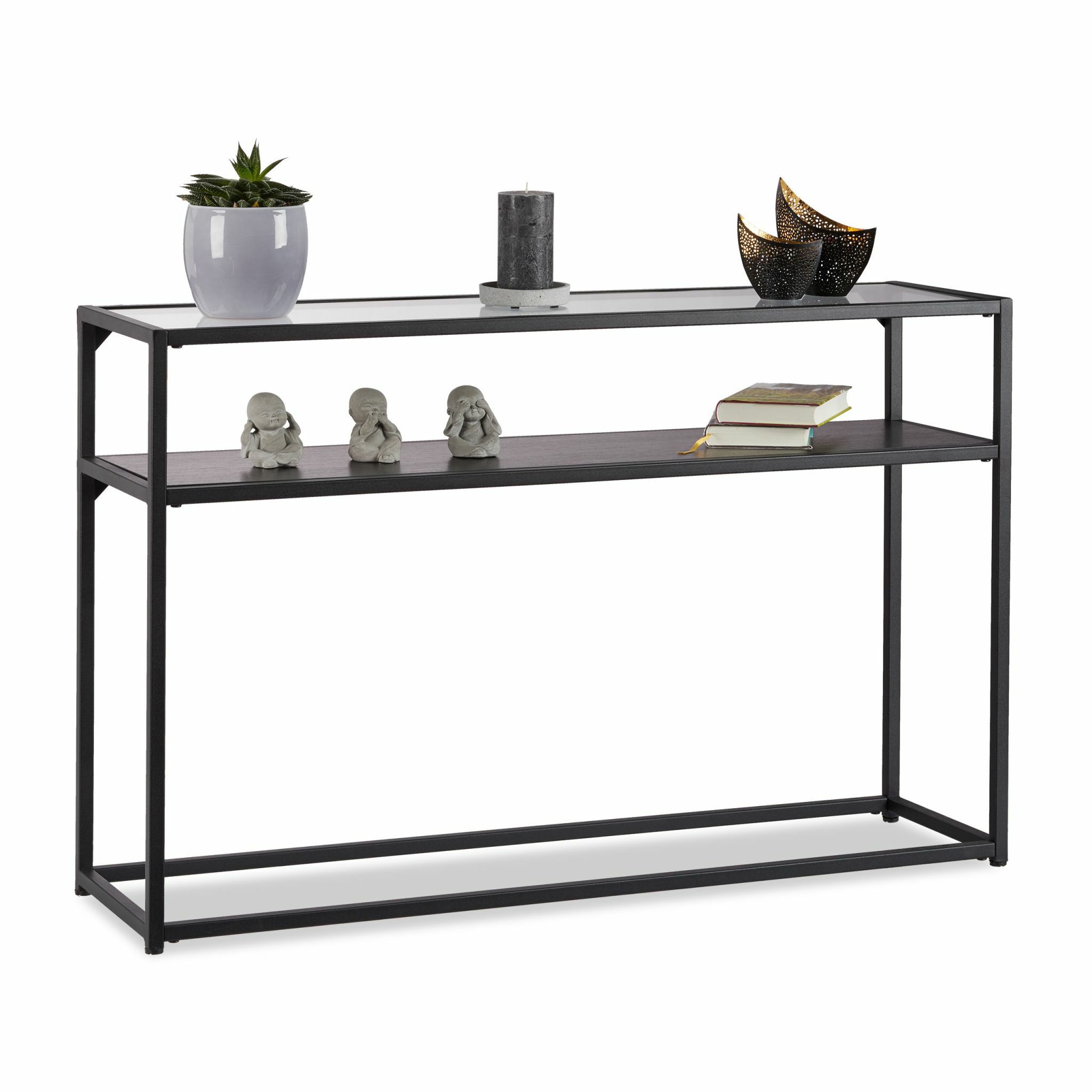 Relaxdays Sidetable - Zwart - Glazen Tafelblad - Metalen Onderstel - 70.5x110x30 cm