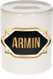 Bellatio Decorations Shoppartners Bv Spaarpot met voornaam Armin - wit - met goud/zwart embleem - 8 x 9 cm - keramiek - met afsluitdop - cadeau verjaardag
