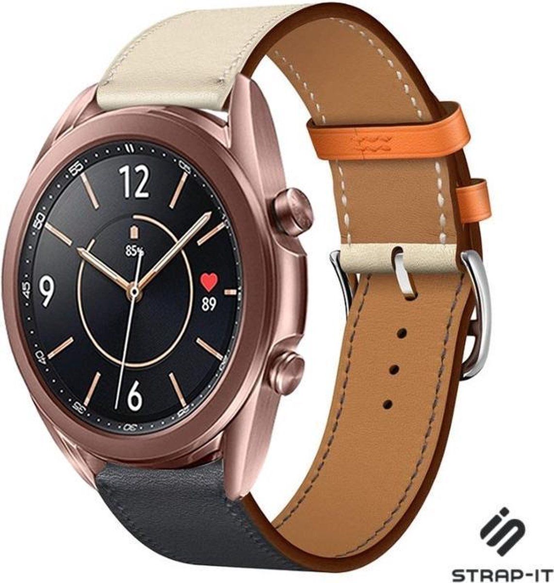 Strap-it Samsung Galaxy Watch 3 - 41mm leren bandje - wit/donkerblauw