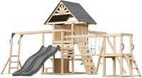 AXI Hunter Speeltoestel met Schommels, Klimrek, Klimbrug en meerdere Platforms – Grijze Dubbele Glijbaan - FSC 100% hout – Speeltoren voor de tuin / buiten