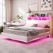 SINGULARITY-Hangend design gestoffeerd bed 140x200 van linnen stof- opbergbed met LED-verlichting- USB en TYPE-C interface Beige- Zonder matras