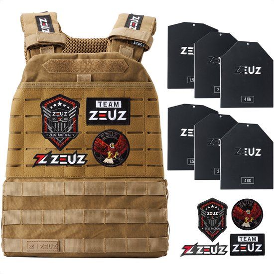 ZEUZ Gewichtsvest 16,5 KG voor CrossFit & Fitness – Tactical Weighted Vest & Trainingsvest - Verstelbaar in Gewichten – 19 Standen - Beige
