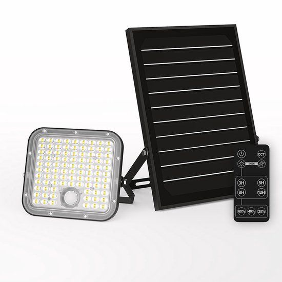 HOFTRONIC Vega LED Solar Wandlamp buiten – Schijnwerper breedstraler – 30 watt – Bewegings- en schemersensor – Los zonnepaneel – IP65 waterdicht – 4800 lumen – Zwart – Draadloos solar licht