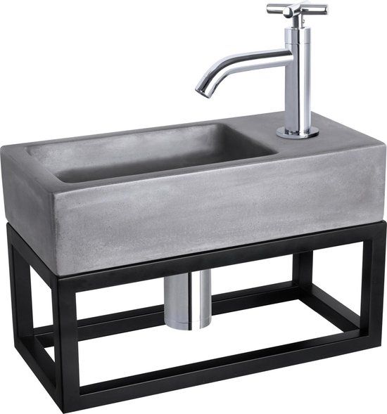Differnz Ravo Fonteinset - Beton - Donkergrijs - Gebogen Kraan - Chroom - Kruisgreep - 38.5 x 18.5 cm - Met Handdoekrek - Zwart