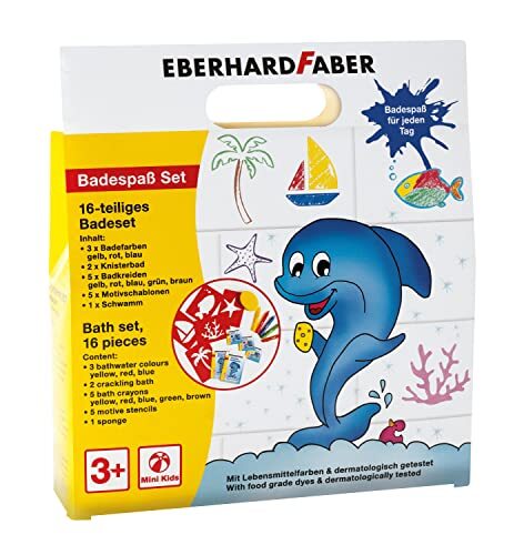 Eberhard Faber 524116 524116 Badplezier, 16-delig, set voor kinderen met 3 kleuren, 2 knetsters, 1 spons, 5 badkrijtjes en 5 sjablonen, afwasbaar schilderplezier en badplezier, verschillende