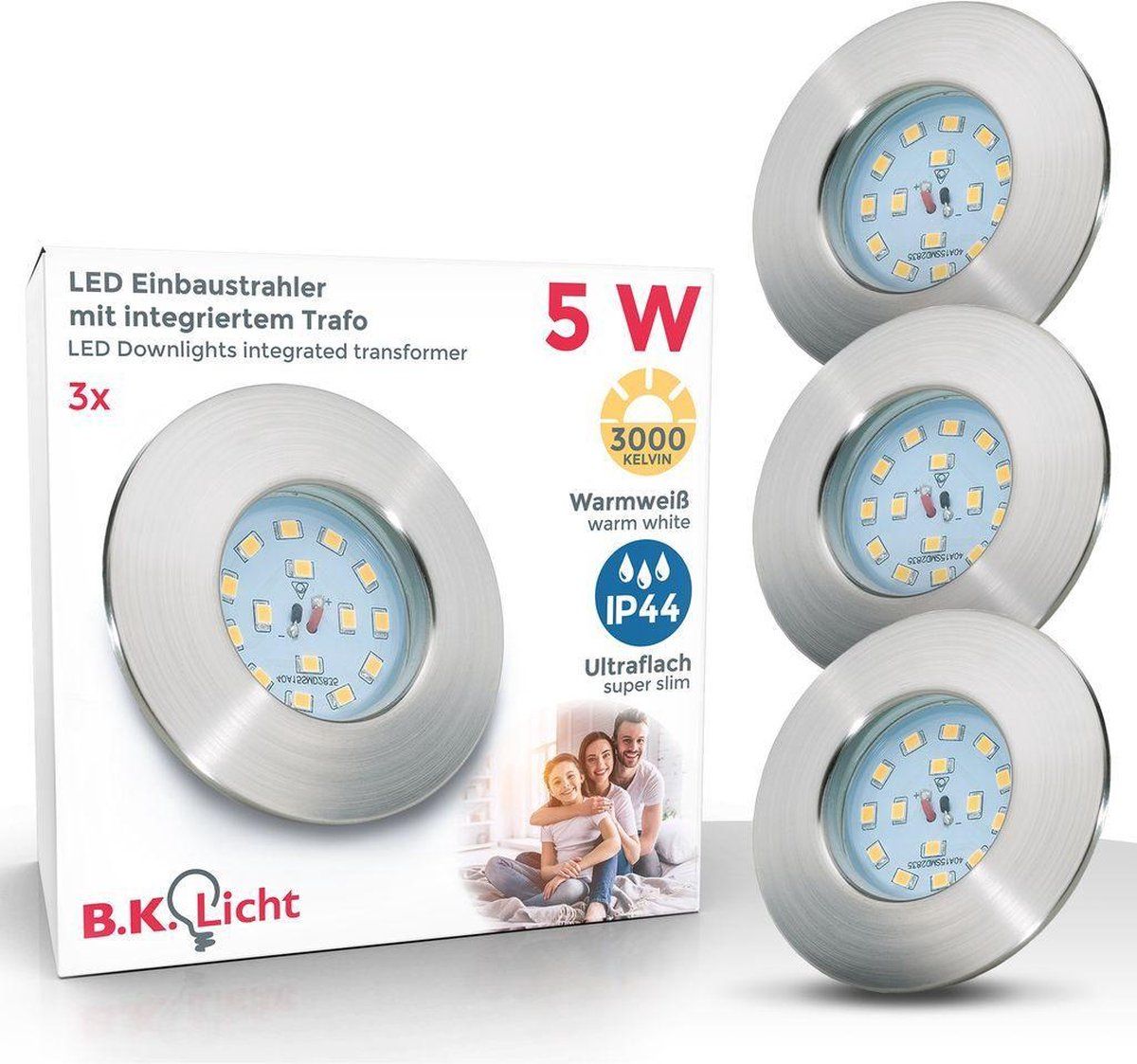 B.K.Licht - Inbouwspots badkamer - LED - 3 stuks - dimbaar - Ø7.5cm - 3.000K - 400Lm - 5W - nikkel