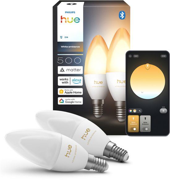 Philips Hue LED kaarslamp - E14 fitting - 2 stuks - aanpasbaar wit licht