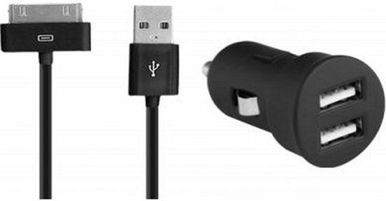 Bigben Interactive Bigben MFi iPhone 4 Dubbele Autolader 30 Pin 2 Ampere en 2 USB - Zwart