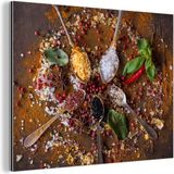 MuchoWow Aluminium Schilderij Industrieel - Specerijen - Kruiden - Lepels - Zout - Bruin - Keuken - 160x120 cm - Dibond