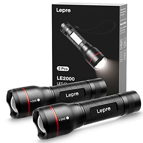 Lepro 2 stuks superheldere LED-zaklamp, LE2000 krachtige zaklamp, gevoed door AAA-batterij, waterbestendig, 5 standen, zoombaar, zakformaat, licht, voor kamperen, hardlopen, wandelen met de hond