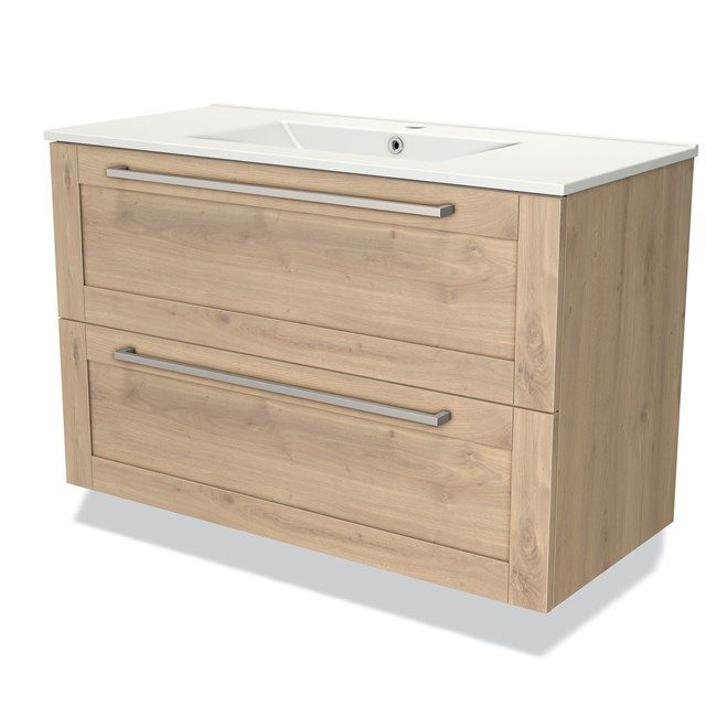 Maxaro Badkamermeubel 100cm Modulo Lichtbruin Eiken 2 Lades Kader Wastafel Keramiek - 6095837719717