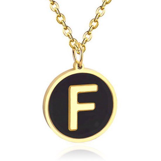 Cilla Jewels Goudkleurige Dames Schakelketting met Zwarte Kettinghanger Letter F