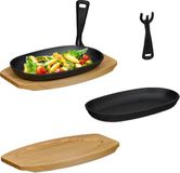 Merkloos Relaxdays Serveerpan - Set van 2 - Gietijzer - Met Houten Onderzetter - Afneembaar Handvat - BBQ Pan - Koekenpan - Zwart/Natuur
