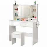 Monza Home® Make-up Tafel – Kaptafel met LED Spiegel – 100 cm – Inclusief Kruk – 2 Stopcontacten & 2 USB-poorten – Wit