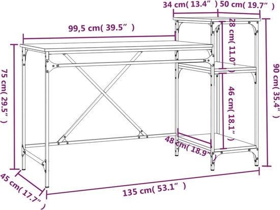 vidaXL Bureau 135x50x90 cm bewerkt hout en ijzer grijs sonoma eikenkleur