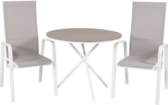 Hioshop Parma tuinmeubelset tafel Ø90cm en 2 stoel Copacabana wit, grijs, crèmekleur.