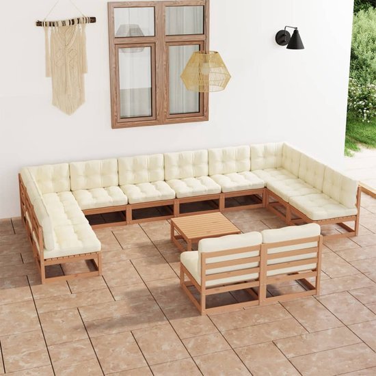 The Living Store Grenenhouten Loungeset - 70x70x67 cm - Honingbruin - 100% polyester