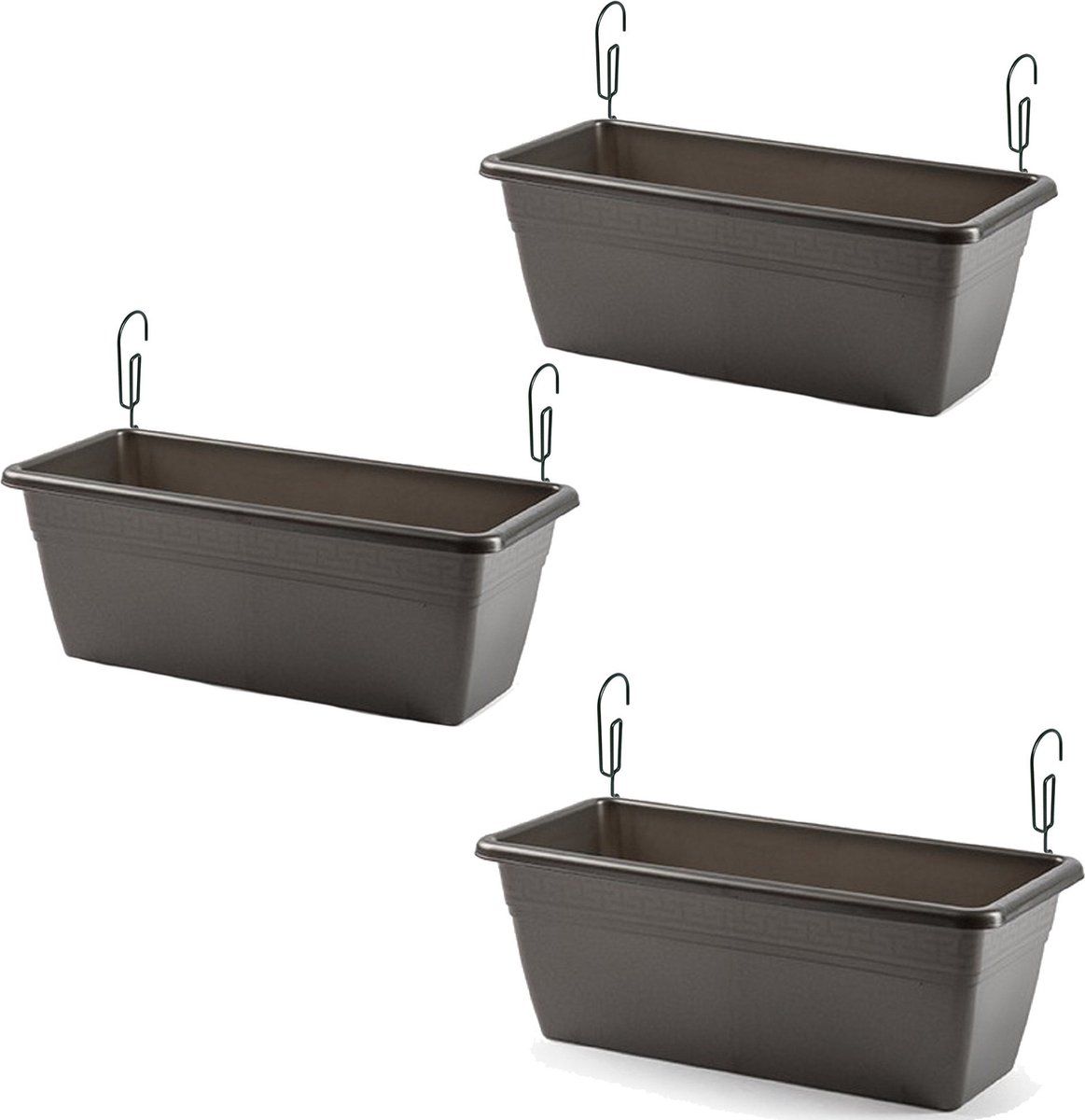 Forte Plastics 3x stuks hangende reling plantenbakken antraciet grijs rechthoekig 40 x 18 x 15 cm