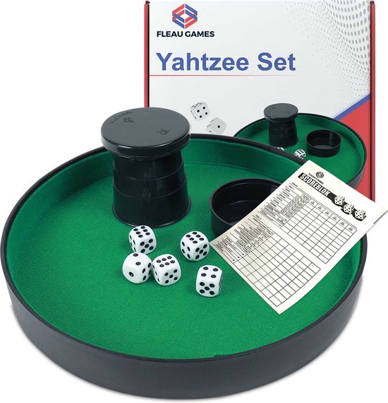 Djeals.nl Yahtzee set - Dobbelsteenbak - Dobbelset - Dobbelbak - Pokerpiste - Pitjesbak - Dobbelspel - Dobbelstenen - Spel - Kunstleer