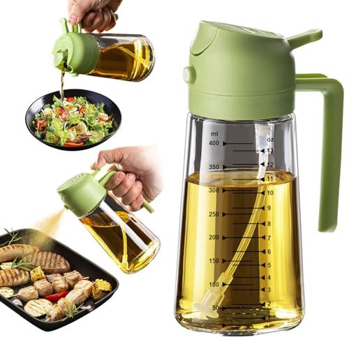 TrendPlain Oliedispenser, oliefles, 2-in-1 dispenser en spray, voor olijfolie en azijn, 470 ml, BPA-vrij, voor de keuken, barbecue, salades (Groen)
