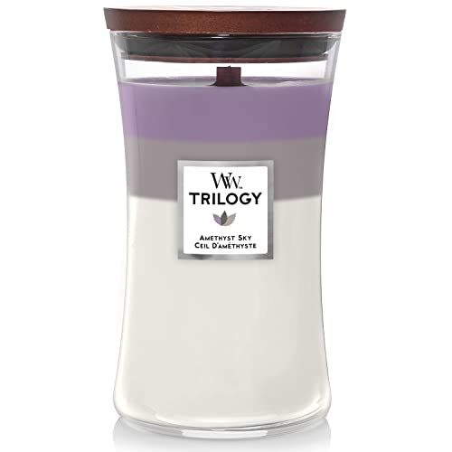 Woodwick Grote zandloper trilogie geurkaars met knetterende wick | Amethist Sky | 609 ml