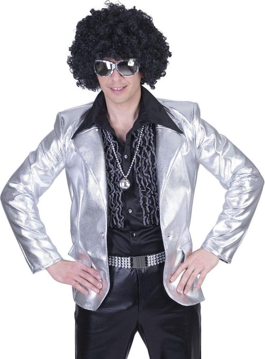 Funny Fashion Glitter & Glamour Kostuum - Glanzend Zilver Disco Godheid Colbert Man - Maat 52-54 - Carnaval kostuum - Verkleedkleding