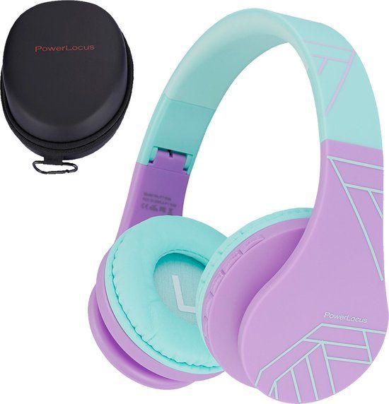 PowerLocus P1 - Draadloze Over-Ear Kinderkoptelefoon - Bluetooth 5.3 - Veilig Volume - Paars/Teal