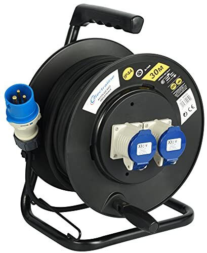Electraline Elektrialine 49050 kabelhaspel, met rubberen kabel, 30 m, 2 IEC-stopcontacten, zwart/blauw