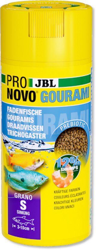 JBL PRONOVO GUPPY GOURAMI, hoofdvoer voor goerami's en labyrintvissen van 3-10 cm, visvoer-granulaat, click-doseerder, maat S, 250 ml