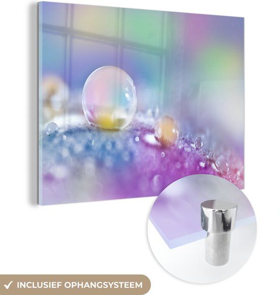 MuchoWow® Glasschilderij 120x90 cm - Close-up waterdruppel op een gekleurd blad - Foto op glas - Acrylaat - Multicolor