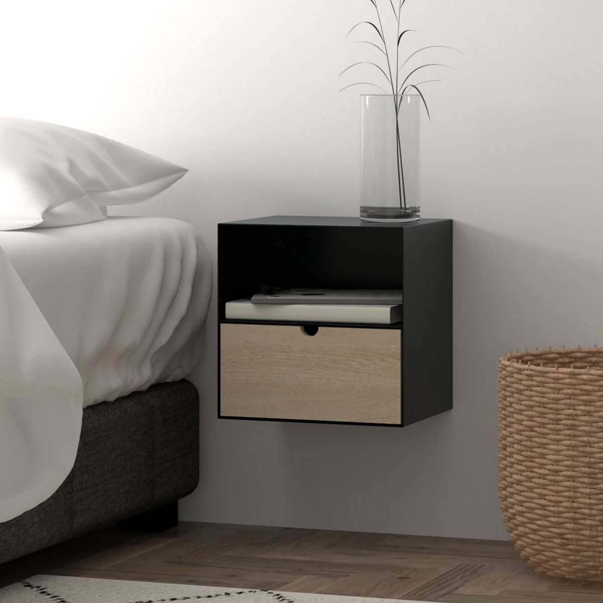 AC Design Furniture Hangend Nachtkastje 'Nonny' kleur Zwart / Bamboe