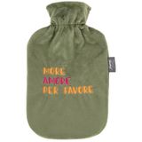 Fashy Warmwaterkruik 2,0 l met fleece overtrek met borduurwerk "MORE PER FAVORE", groen