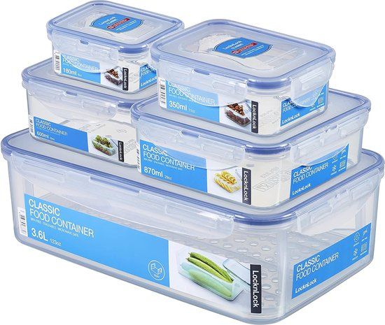 Merkloos ‘ LocknLock PP Classic Voorraaddozenset, 5-delig, 180 ml, 350 ml, 600 ml, 870 ml, 3,6 l, 100% lucht- en waterdicht, slim sluitsysteem, vershouddozen, koelkast en vriesvak