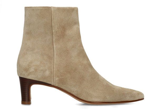 Manfield - Dames - Beige suède enkellaarsjes met hak - Maat 36