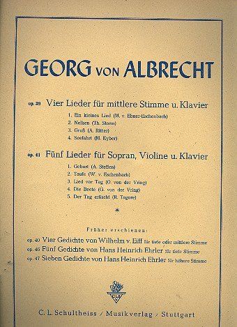 C. L. Schultheiss Musikverlag 5 liedjes opus.41 voor sopraan, viool en piano