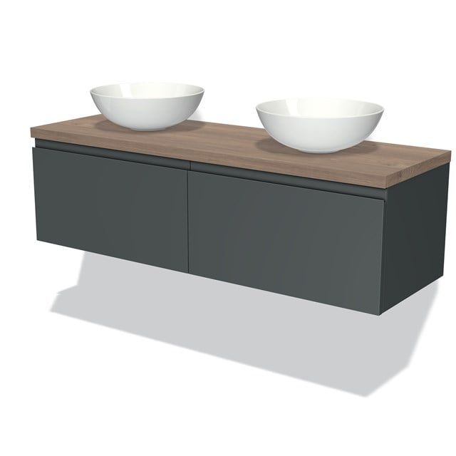 Maxaro Badkamermeubel Modulo Plato 140cm Donkergrijs 2 Lades Greeploos Middenbruin Eiken Blad