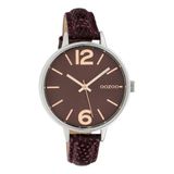 OOZOO Timepieces - Zilverkleurige horloge met bordeaux rode leren band - C10457