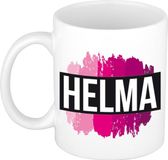 Bellatio Decorations Helma naam cadeau koffie mok - beker - met roze verfstrepen - Cadeau collega - moederdag - verjaardag - juf - coach - 300 ml - wit