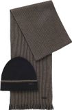 BOSS bonnet et écharpe en mélange coton-laine - bonnet pour homme avec revers et écharpe tricotée - noir