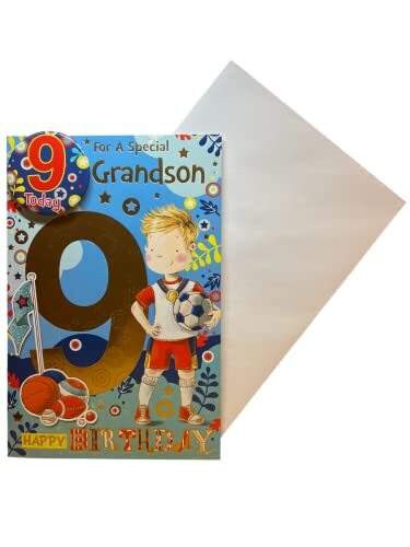 Xpress Yourself "Express Yourself" verjaardagskaart voor kleinzoon leeftijd 9 - inclusief badge en envelop - geanimeerd Little Boy voetbalkampioen ontwerp