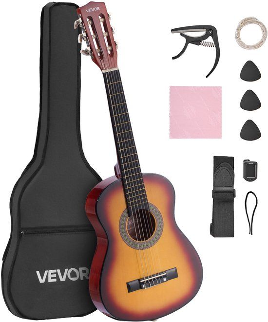 VEVOR Concertgitaar, 780 mm, Houten Klassieke Gitaar Starterset voor Beginners, met Nylon Snaren, Gigbag, Riem, Tuner, Extra Snaren, Plectrum, Capo, Lindehout, voor Beginners, Sunburst