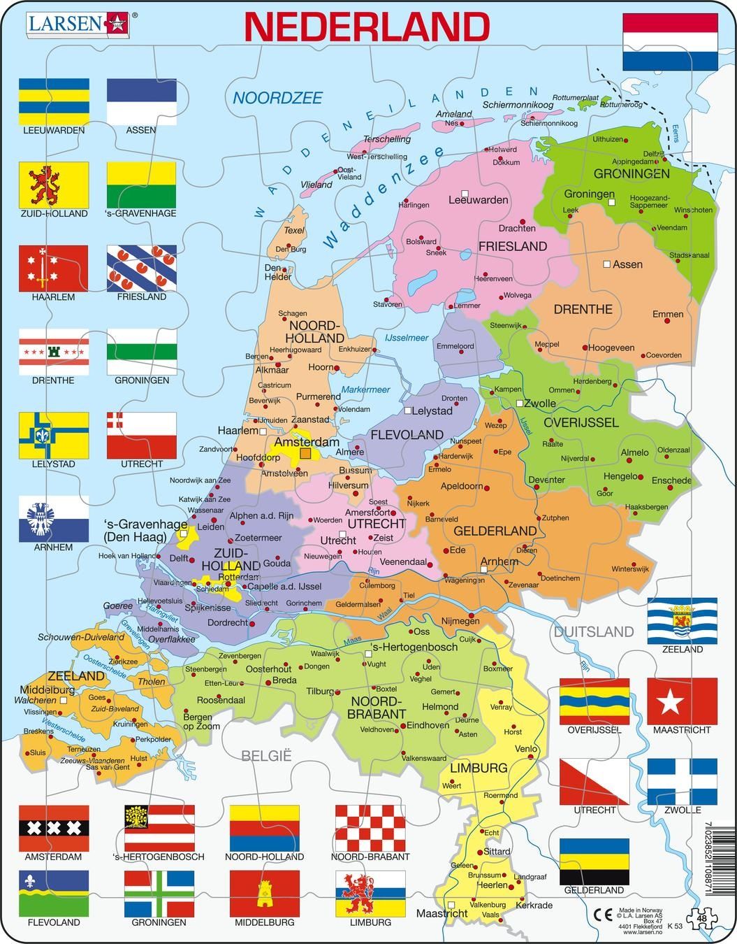 Larsen Maxi Nederland Puzzel - 48 Stukjes - Kaart met Provincies en Vlaggen