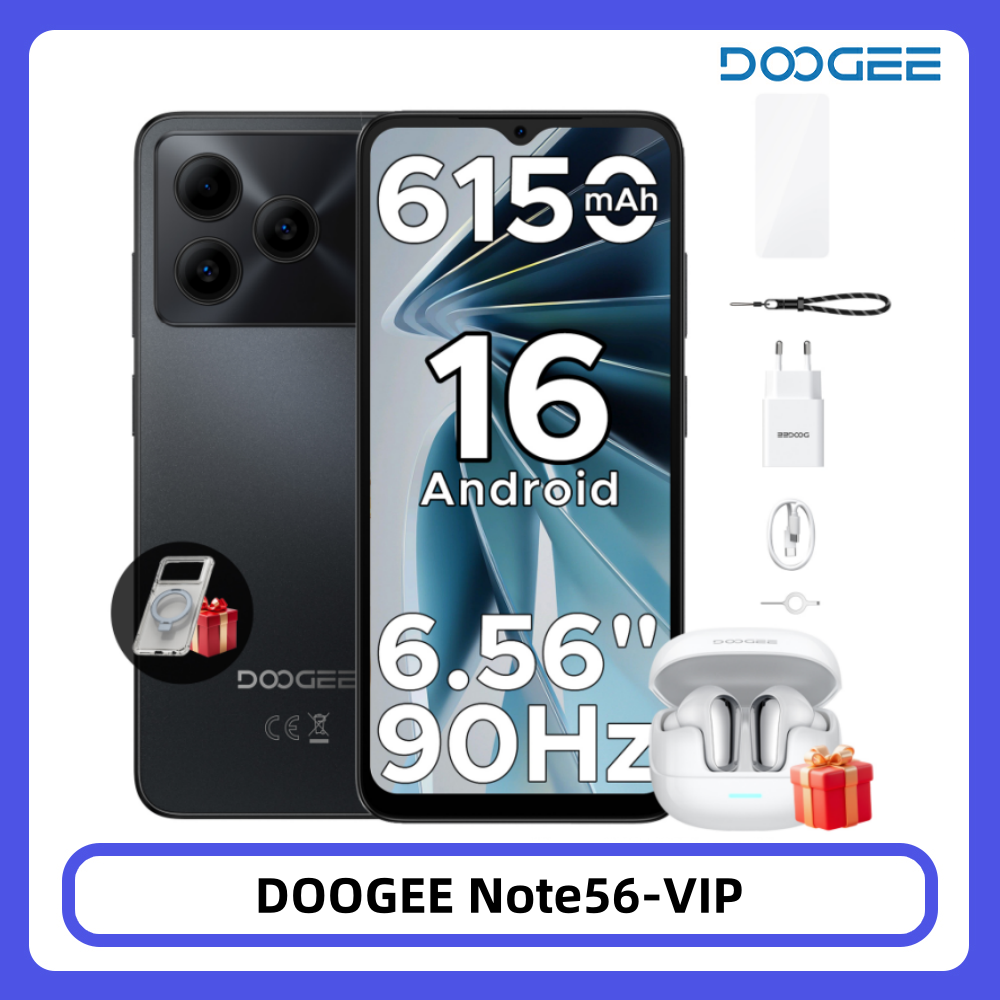 DOOGEE Note 56 Android 16 Smartphone 6150mAh Grote Batterij 6.56" 90Hz Scherm 24GB 64GB 8MP+5MP Gezichtsherkenning Mobiele Telefoon