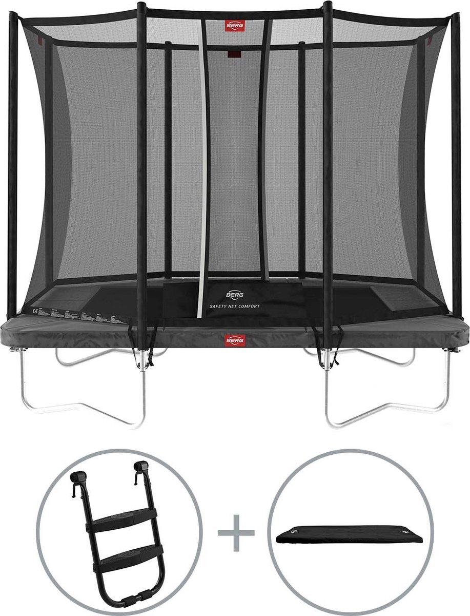 Berg Favorit rechthoekige trampoline op poten 280cm met veiligheidsnet Comfort grijs incl. ladder en afdekhoes