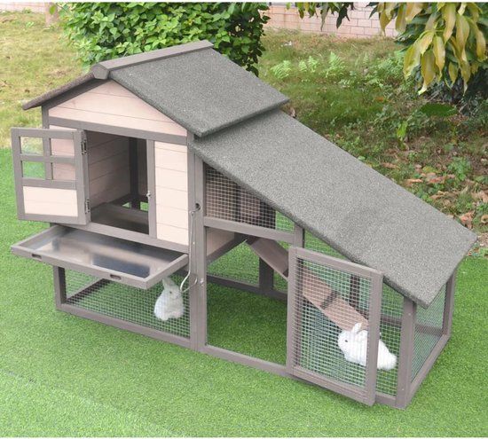 Flamingo Konijnenhok Quincy Cottage - Grijs - Konijnenhok met Ren