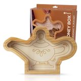 Fisura – Houten spaarpot voor kinderen in de vorm van een magische lamp. Transparante originele spaarpot voor munten en biljetten. Hout en acryl. Leuk kinder cadeau. 25 x 15 cm