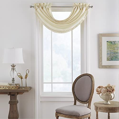 Elrene Home Fashions Versailles Faux Silk Room Darkening & Energy Efficient Lined Rod Pocket Window Curtain Drape Pleated Solid Waterfall Valance, 52" x 36" (Ivory)