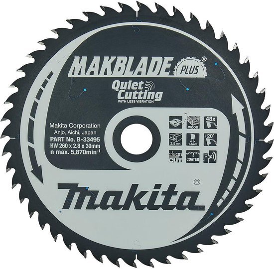 Makita MAKBLADE+ B-33495 Hardmetaal-cirkelzaagblad 260 x 30 x 1 mm Aantal tanden: 48 1 stuk(s)
