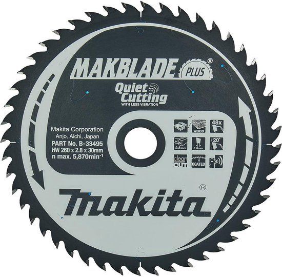 Makita MAKBLADE+ B-33495 Hardmetaal-cirkelzaagblad - 260 x 30 x 1 mm - 48 tanden